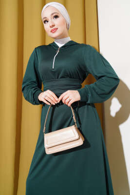 Yarım Fermuarlı Kapüşonlu Elbise Zümrüt - Tesettür Elbise
