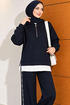 Yarım Fermuarlı Kapüşonlu İkili Takım Lacivert - İkili Takım