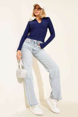 Yarım Fermuarlı Kaşkorse Bluz Lacivert - Yılın Fırsatı