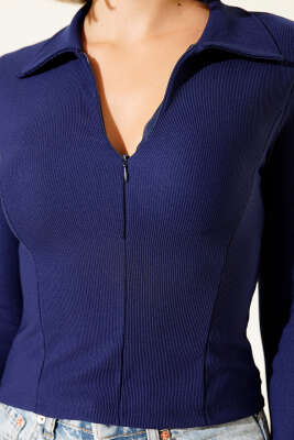 Yarım Fermuarlı Kaşkorse Bluz Lacivert - Yılın Fırsatı