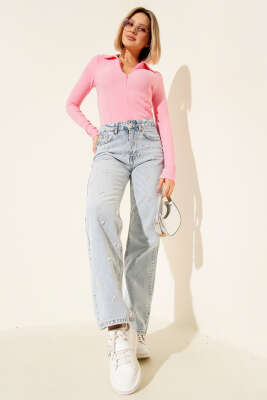 Yarım Fermuarlı Kaşkorse Bluz Pembe - Yılın Fırsatı