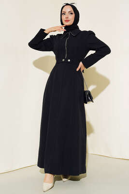 Yarım Fermuarlı Kemerli Elbise Siyah - Thumbnail