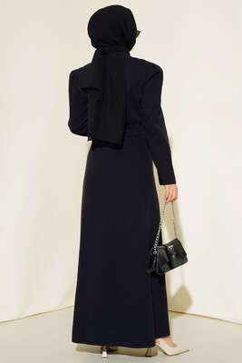 Yarım Fermuarlı Kemerli Elbise Siyah - Thumbnail