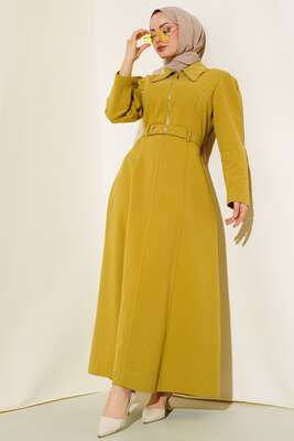Yarım Fermuarlı Kemerli Elbise Yağ Yeşili - Thumbnail