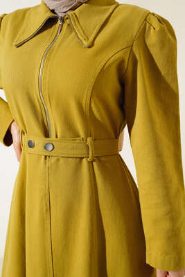 Yarım Fermuarlı Kemerli Elbise Yağ Yeşili - Thumbnail