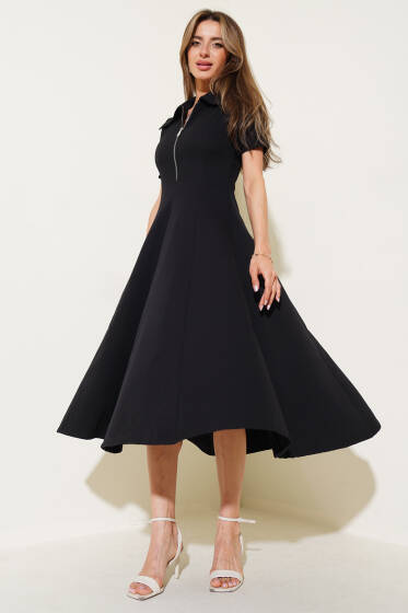 Yarım Fermuarlı Kısa Kol Elbise Siyah - Kadın Giyim Modelleri