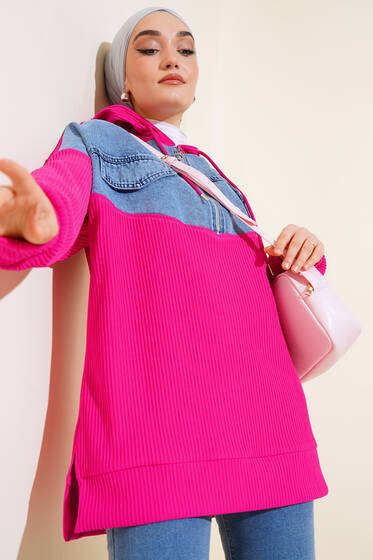 Yarım Fermuarlı Kot Garnili Tunik Fuşya - Tunik