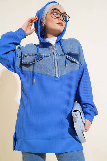 Yarım Fermuarlı Kot Garnili Tunik Mavi - Tunik