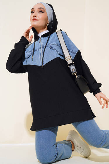 Yarım Fermuarlı Kot Garnili Tunik Siyah - Tunik