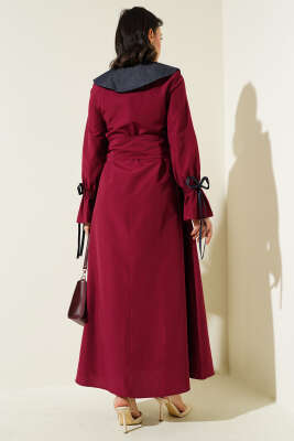 Yarım Fermuarlı Kot Yaka Terikoton Elbise Bordo - Tesettür Elbise