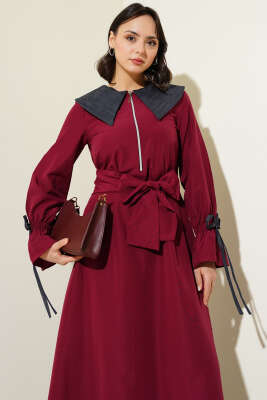 Yarım Fermuarlı Kot Yaka Terikoton Elbise Bordo - Tesettür Elbise