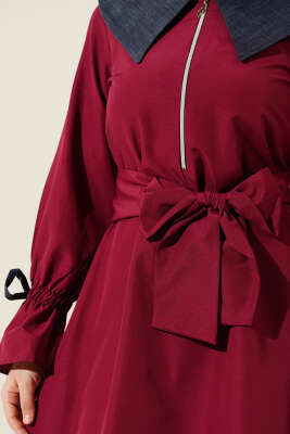 Yarım Fermuarlı Kot Yaka Terikoton Elbise Bordo - Tesettür Elbise