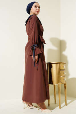Yarım Fermuarlı Kot Yaka Terikoton Elbise Kahve - Tesettür Elbise