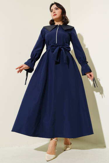 Yarım Fermuarlı Kot Yaka Terikoton Elbise Lacivert - Elbise