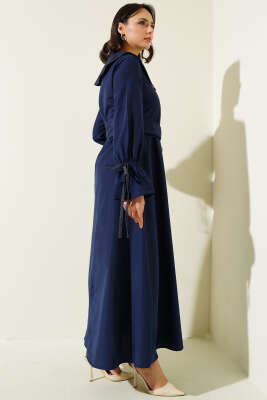 Yarım Fermuarlı Kot Yaka Terikoton Elbise Lacivert - Tesettür Elbise