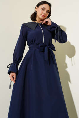 Yarım Fermuarlı Kot Yaka Terikoton Elbise Lacivert - Tesettür Elbise