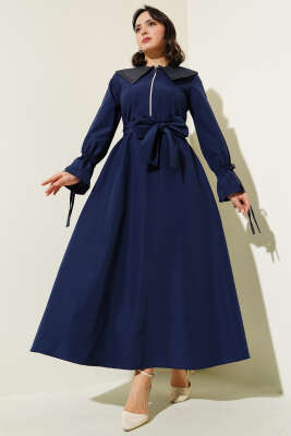 Yarım Fermuarlı Kot Yaka Terikoton Elbise Lacivert - Tesettür Elbise