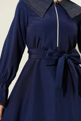 Yarım Fermuarlı Kot Yaka Terikoton Elbise Lacivert - Tesettür Elbise