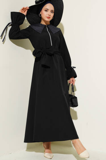 Yarım Fermuarlı Kot Yaka Terikoton Elbise Siyah - Elbise