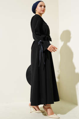 Yarım Fermuarlı Kot Yaka Terikoton Elbise Siyah - Tesettür Elbise
