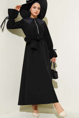 Yarım Fermuarlı Kot Yaka Terikoton Elbise Siyah 