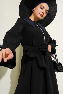Yarım Fermuarlı Kot Yaka Terikoton Elbise Siyah - Tesettür Elbise