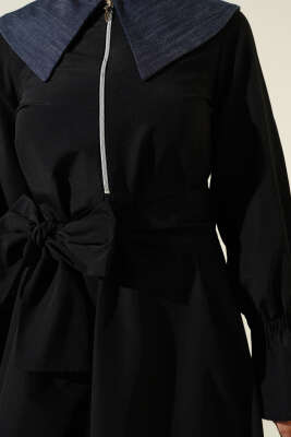 Yarım Fermuarlı Kot Yaka Terikoton Elbise Siyah - Tesettür Elbise