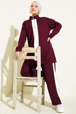 Yarım Fermuarlı Loyşa Şeritli İkili Takım Bordo - NESSİA
