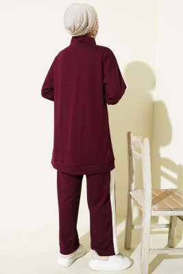 Yarım Fermuarlı Loyşa Şeritli İkili Takım Bordo - İkili Takım