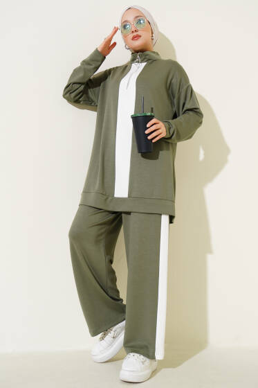 Yarım Fermuarlı Loyşa Şeritli İkili Takım Çağla Yeşili - İkili Takım