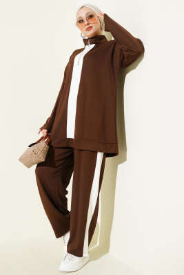 Yarım Fermuarlı Loyşa Şeritli İkili Takım Kahve - NESSİA