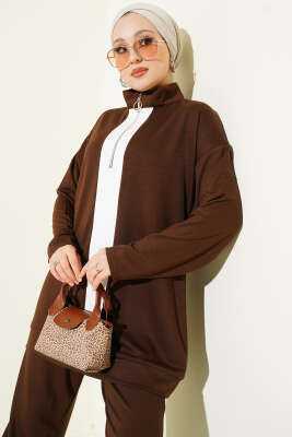 Yarım Fermuarlı Loyşa Şeritli İkili Takım Kahve - İkili Takım