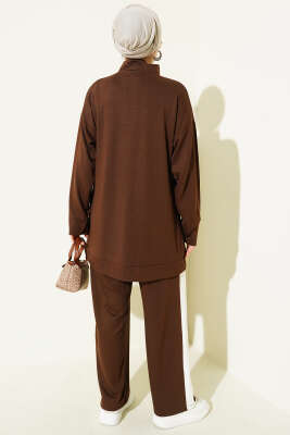 Yarım Fermuarlı Loyşa Şeritli İkili Takım Kahve - İkili Takım