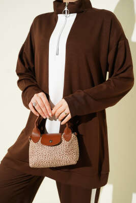 Yarım Fermuarlı Loyşa Şeritli İkili Takım Kahve - İkili Takım