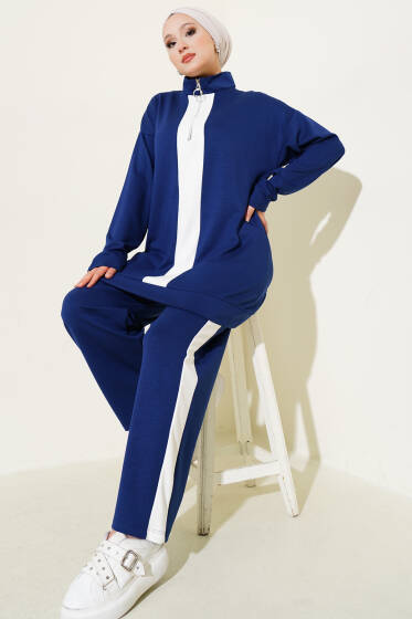 Yarım Fermuarlı Loyşa Şeritli İkili Takım Lacivert - İkili Takım