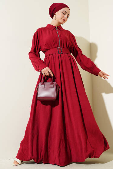 Yarım Fermuarlı Mevlana Elbise Bordo - Elbise