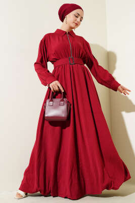 Yarım Fermuarlı Mevlana Elbise Bordo 