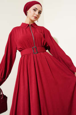 Yarım Fermuarlı Mevlana Elbise Bordo - Tesettür Elbise