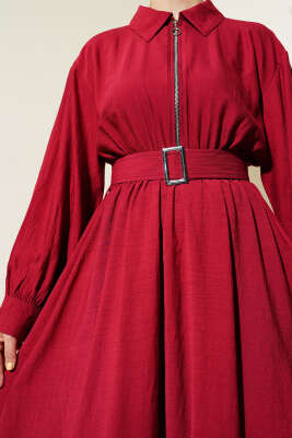 Yarım Fermuarlı Mevlana Elbise Bordo - Tesettür Elbise