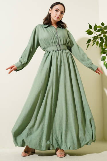 Yarım Fermuarlı Mevlana Elbise Çağla Yeşili - Elbise