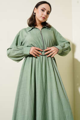 Yarım Fermuarlı Mevlana Elbise Çağla Yeşili - Tesettür Elbise