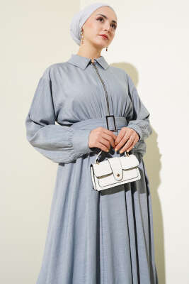 Yarım Fermuarlı Mevlana Elbise Gri - Tesettür Elbise