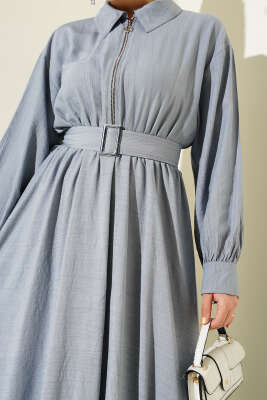 Yarım Fermuarlı Mevlana Elbise Gri - Tesettür Elbise