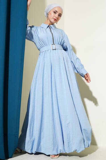Yarım Fermuarlı Mevlana Elbise Mavi - Elbise