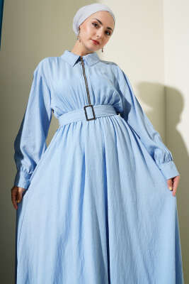 Yarım Fermuarlı Mevlana Elbise Mavi - Tesettür Elbise