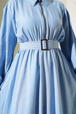 Yarım Fermuarlı Mevlana Elbise Mavi - Tesettür Elbise