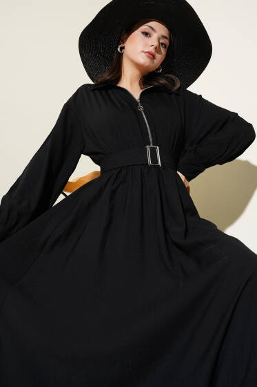 Yarım Fermuarlı Mevlana Elbise Siyah - Elbise