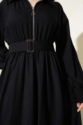 Yarım Fermuarlı Mevlana Elbise Siyah - Tesettür Elbise