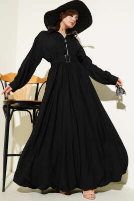 Yarım Fermuarlı Mevlana Elbise Siyah - Tesettür Elbise