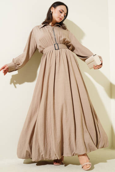 Yarım Fermuarlı Mevlana Elbise Vizon - Elbise